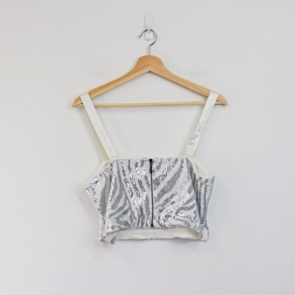 X by NBD Nakia Sequin Animal Print Zebra Crop Top Tank Blouse Silver White Small - Picture 6 of 6